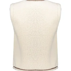 Geisha Truien & Vesten*Teddy Embroidery vest dames off white tape dark brown zigzag