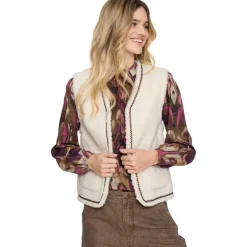 Geisha Truien & Vesten*Teddy Embroidery vest dames off white tape dark brown zigzag