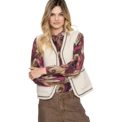 Geisha Truien & Vesten*Teddy Embroidery vest dames off white tape dark brown zigzag